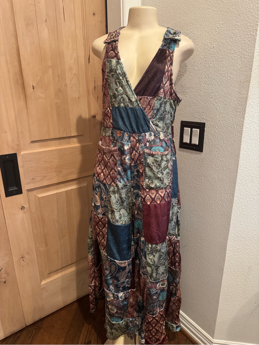 Earthbound Trading Co. Patchwork jumpsuit overalls V-Neck in Multi Sz S boho